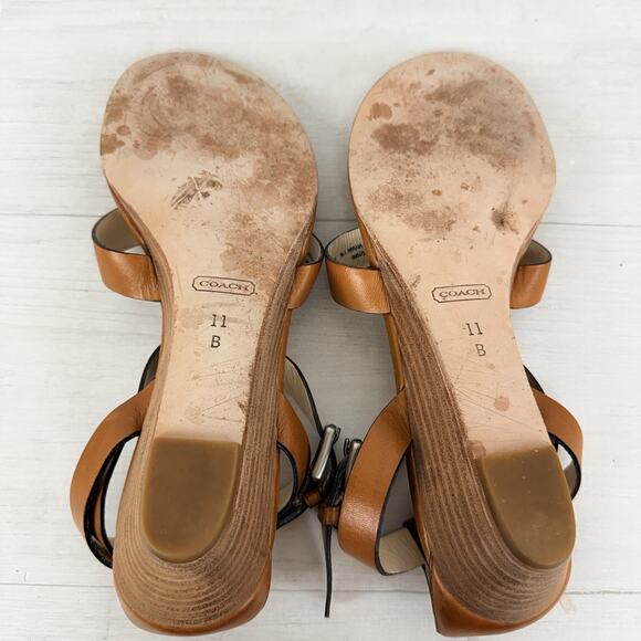 Coach Vivian Leather Thong Sandals Size 11 B Brown Strappy Low Wedge Classic - Picture 11 of 14